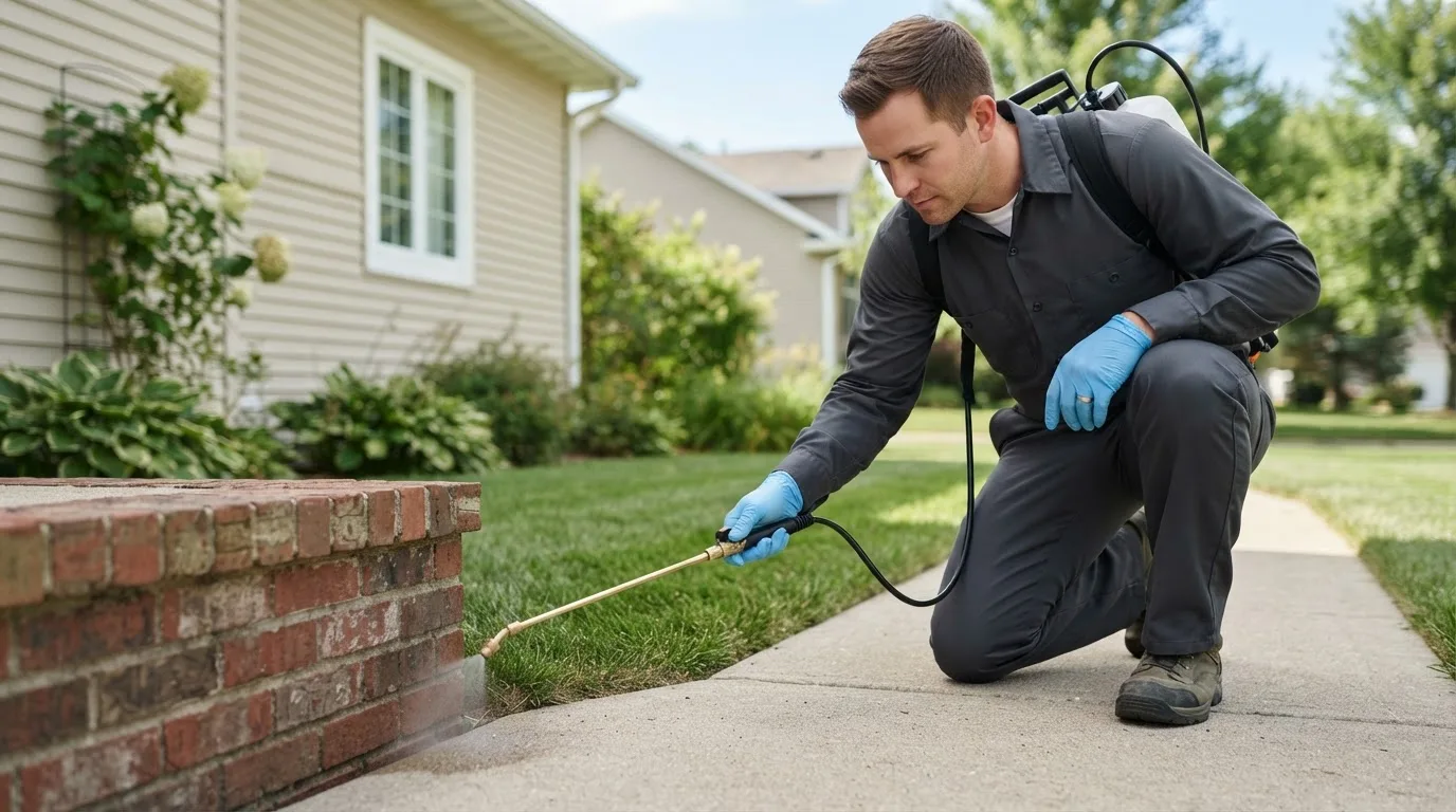 Pest control technician treating a home near Buckholts, TX