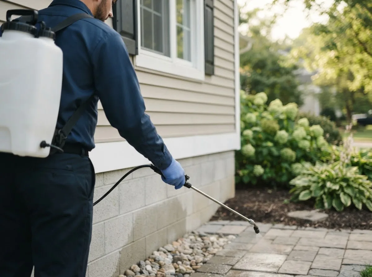 Pest control technician inspecting a home in Buckholts, TX